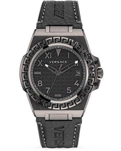 Versace Greca Reaction 44mm Ip Gunmetal Stainless Steel Leather Strap Watch - Black