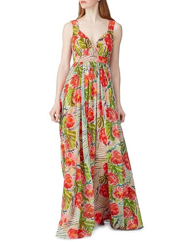 Badgley Mischka Floral Chiffon Maxi Dress - Red