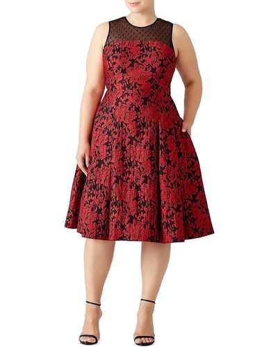 Carmen Marc Valvo Floral & Swiss Dot Midi A-line Dress - Red