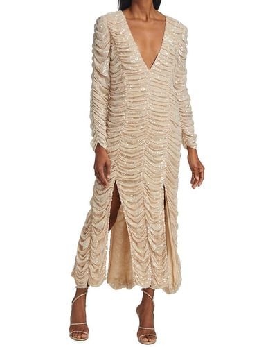 Khaite Lana Ruched Sequin Midi Dress - Natural