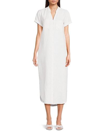 Saks Fifth Avenue Striped 100% Linen Midi Dress - White