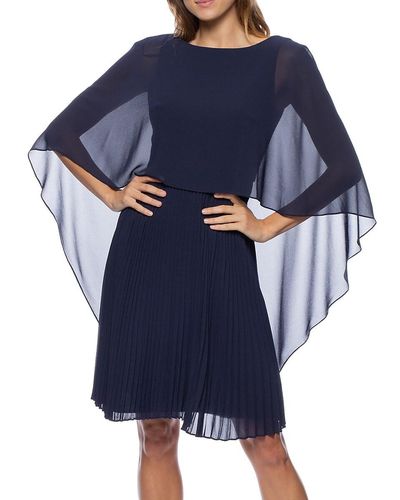 Marina Capelet Pleated Chiffon Dress - Blue