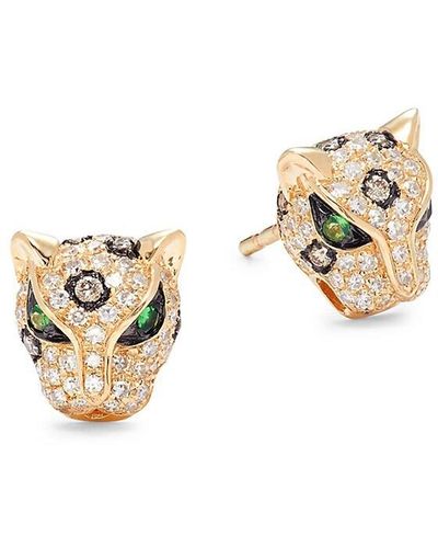 Effy 14k Yellow Gold & Two-tone Diamond Panther Stud Earrings - Metallic