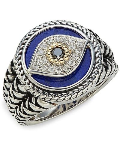 Effy Sterling Silver & 18k Yellow Gold, Lapis & Black & White Diamond Signet Ring