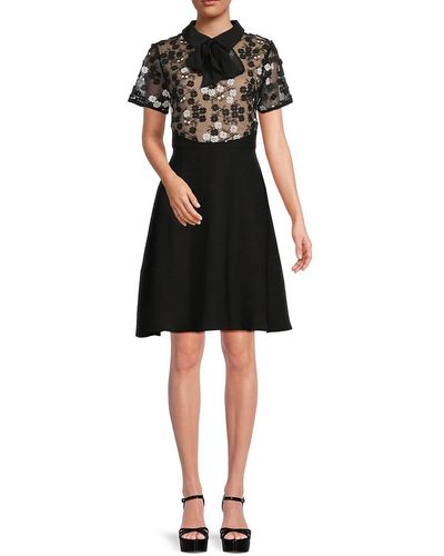 FOCUS BY SHANI Floral Embroidery Fit & Flare Dress - Black