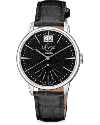 Gv2 Rovescio 42mm Stainless Steel & Leather Strap Watch - Black