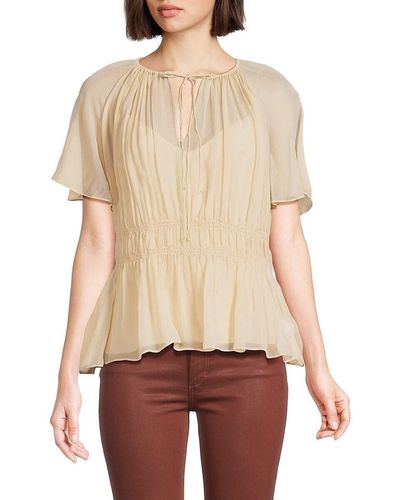 Theory Flutter Sleeve Silk Peasant Top - Natural