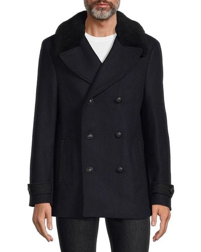 The Kooples Shearling Collar Double Breasted Wool Blend Peacoat - Black