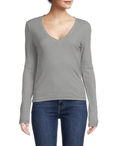 Splendid Ribbed V Neck Tee - Gray