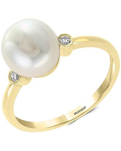Effy 14k Yellow Gold, 8mm White Pearl And Diamond Solitaire Ring/size 7 - Metallic