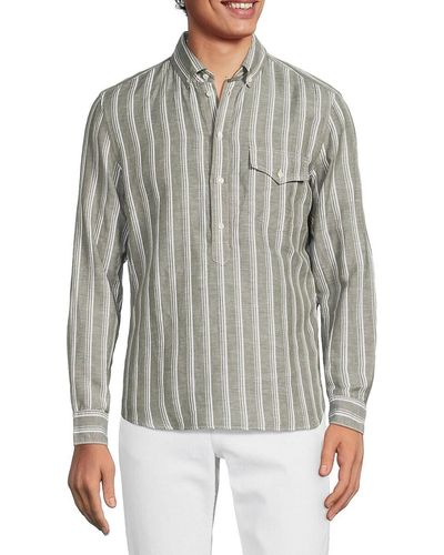 Brunello Cucinelli Easy Fit Linen Blend Striped Half Placket Button Down Shirt - Grey