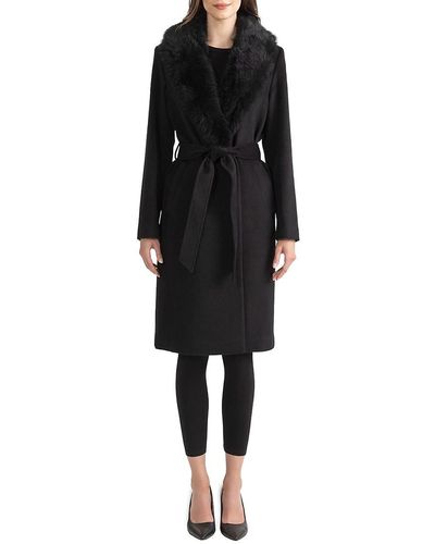 Sofia Cashmere Wool Blend & Shearling Wrap Coat - Black