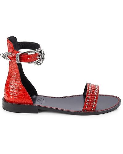 Zadig & Voltaire Ever Alta Croc Embossed Leather Ankle Loop Flat Sandals - Red