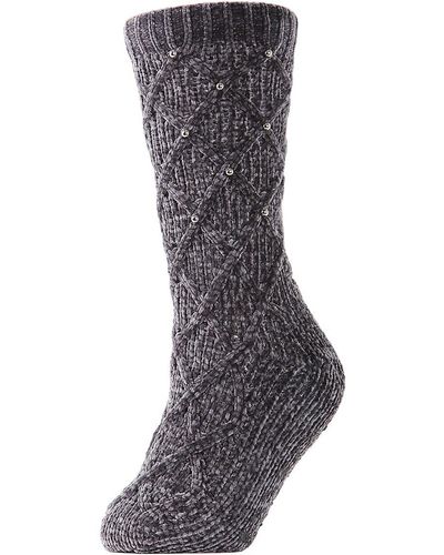 Memoi Legwear Pearl Lattice Plush -Lined Slipper Socks - Grey