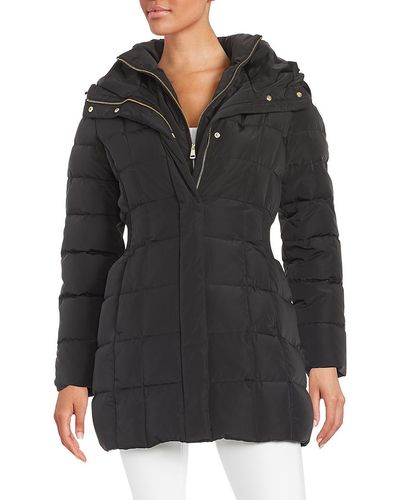 Cole Haan Shirred-waist Hooded Quilted Down Coat - Black