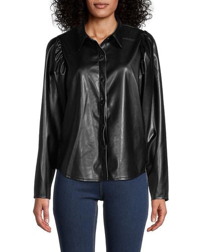 Laundry by Shelli Segal Faux Leather Puff Sleeve Shirt - Black