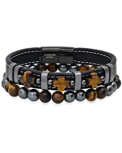 Anthony Jacobs 2-piece Leather, Stainless Steel, Hematite & Tiger Eye Beaded Bracelet Set - Black
