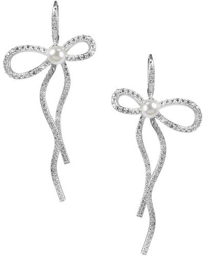 CZ by Kenneth Jay Lane Rhodium Plated Mother-of-pearl Elongated Pavé Bow Earrings - Multicolour