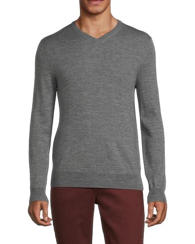 Saks Fifth Avenue Saks Fifth Avenue Essential Merino Wool Blend V-Neck Sweater - Gray
