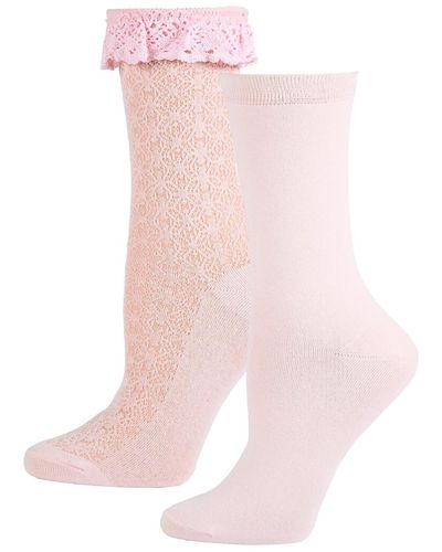 Memoi Ruffle Lace Crew Socks - Pink
