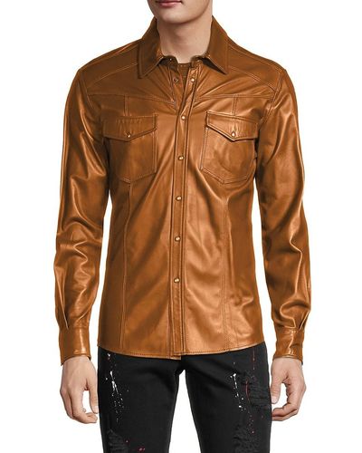Ron Tomson Snap Front Leather Shirt - Brown