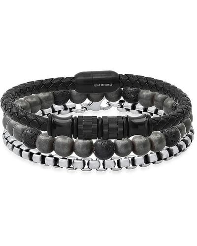 Anthony Jacobs 3-Piece Stainless Steel, Agate & Leather Bracelet Set - Black