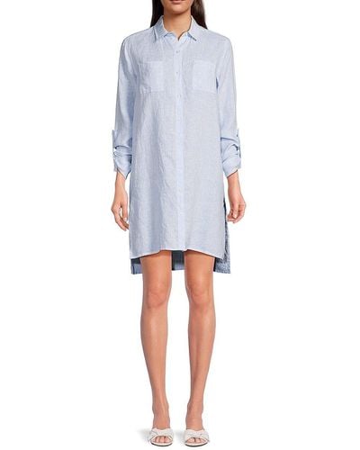 Saks Fifth Avenue 100% Linen Side Slit Shirt Dress - Blue