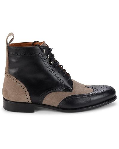 Nettleton Military Leather & Suede Brogue Style Boots - Black