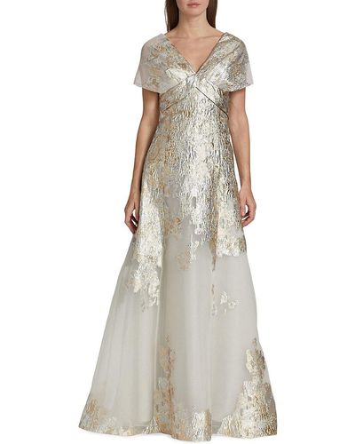 Teri Jon Metallic Jacquard Ball Gown - White