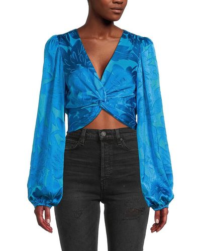 Ramy Brook Connor Floral Twisted Satin Crop Top - Blue