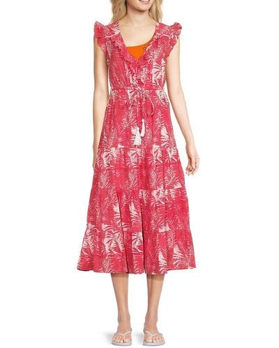 MER ST BARTH 'Giselle Plam Print Midi Dress - Red