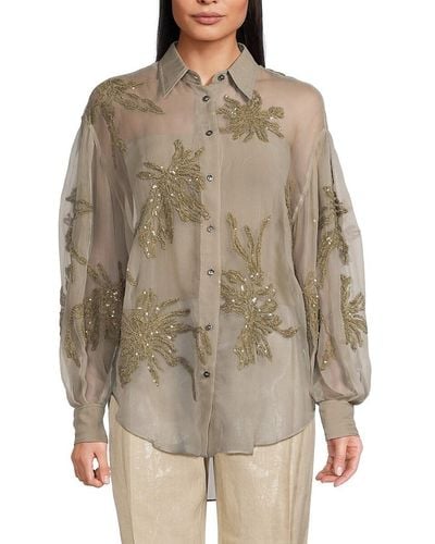 Brunello Cucinelli Sequin Embroidery Button Down Silk Shirt - Grey