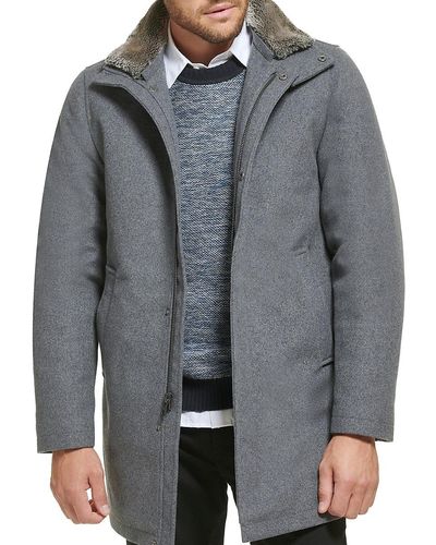 Calvin Klein Urban Walking Faux Fur Trim Wool Blend Overcoat - Gray