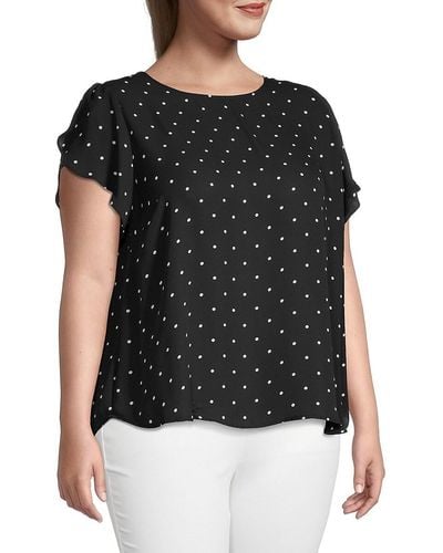 Premise Studio Plus Polka Dot Tulip-sleeve Top - Black