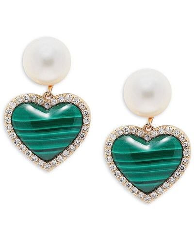 Effy 14K, 7Mm Round Freshwater Pearl, Malachite & Diamond Heart Drop Earrings - Green