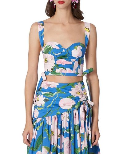 Carolina Herrera Floral Cotton Corset Crop Top - Blue