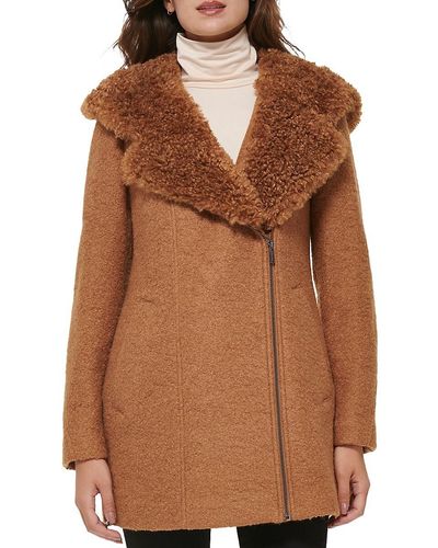 Kenneth Cole Faux Fur Trim Hooded Coat - Brown