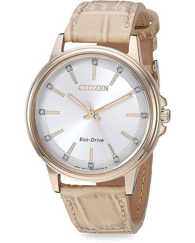 Citizen 37mm Stainless Steel, Crystal & Croc Embossed Leather Strap Eco-drive Watch - White