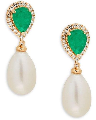 Effy 14k Yellow Gold, 7mm Freshwater Pearl, & Diamond Drop Earrings - Green