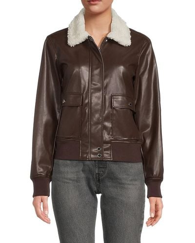 Calvin Klein Faux Fur Trim & Faux Leather Jacket - Brown