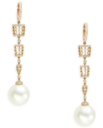 Tara Pearls 18K Rose, Diamond & 14-15Mm Cultured Round South Sea Pearl Drop Earrings - White