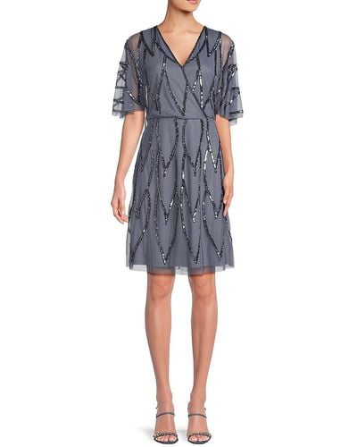 Adrianna Papell Beaded Mesh A Line Dress - Blue