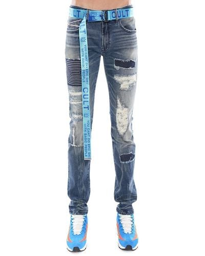Cult Of Individuality High Rise Distressed & Belted Slim Fit Jeans - Blue