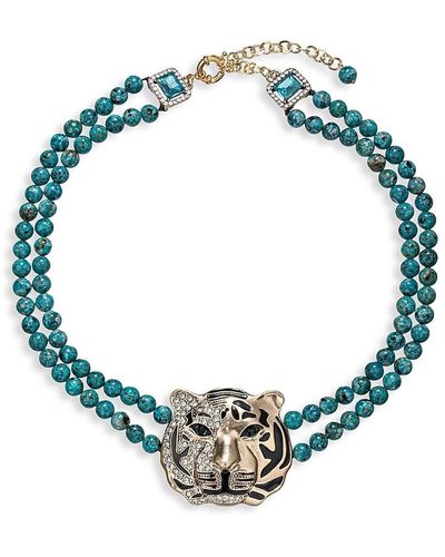 Eye Candy LA Goldtone Tiger Agate Natural Stone Statement Necklace - Blue