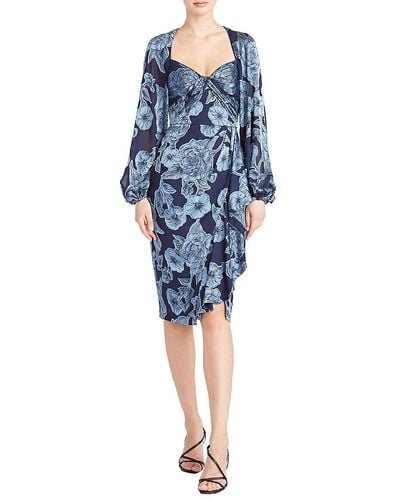 THEIA Joslyn Floral Bishop Sleeve Sheath Dress - Blue