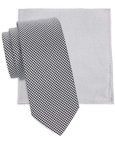 Saks Fifth Avenue 2-Piece Houndstooth Silk Tie & Pocket Square Set - Gray