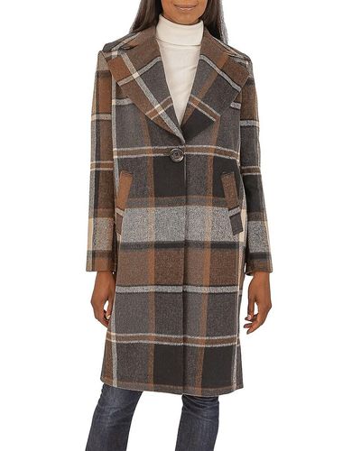 Kensie Plaid Longline Wool Blend Coat - Brown