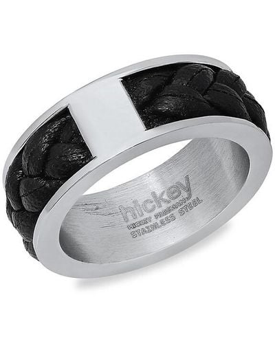 Hickey Freeman Stainless Steel & Leather Braided Ring - Black