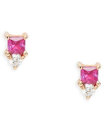 EF Collection Core 14k Rose Gold, Diamond & Ruby Birthstone Stud Earrings - Pink