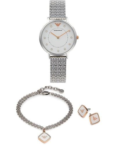 Emporio Armani 3-piece Stainless Steel 32mm Watch, Bracelet & Earring Gift Set - White